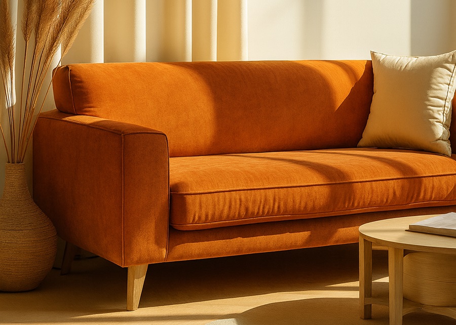 Sof&aacute; estofado em tecido suede em sala de estar | TAPE&Ccedil;ARIA DESIGN